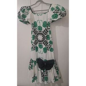 Vintage Mamo Howell PUFF SLEEVE Dress Women Small Hawaii Aloha  Green White LONG